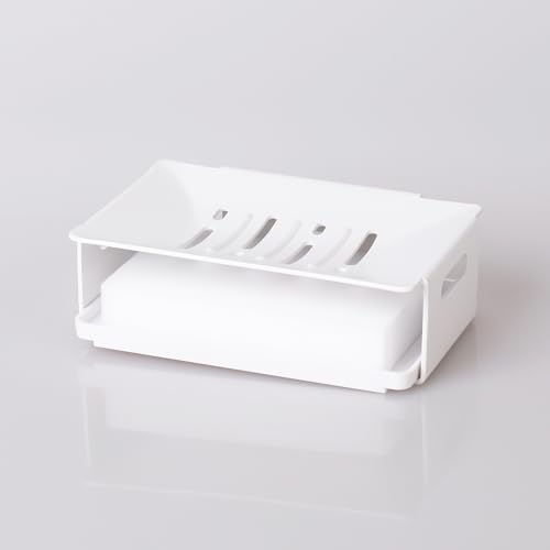 White Bathroom Soap Dish with Drain Spout and Sponge Holder