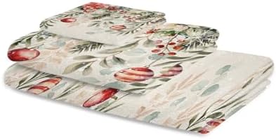 Christmas Bath Towels Set of 3 - Poinsettia Holly Eucalyptus Decor