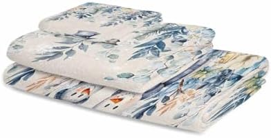 Christmas Bath towels Set of 3 - Blue Snowman Holly Eucalyptus Linen