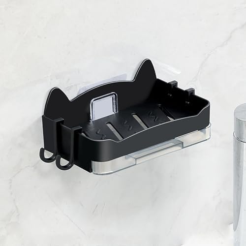 Whimsical Cat Soap Dish with 4 Hooks - Wall Mount Holder