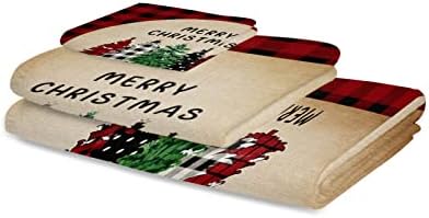 Christmas Bath Towels Set of 3 - Plaid Xmas Tree Red Buffalo Linen