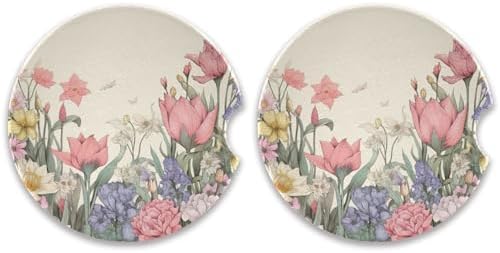 Retro Flowers Car Cup Holder Coasters 2 Pack