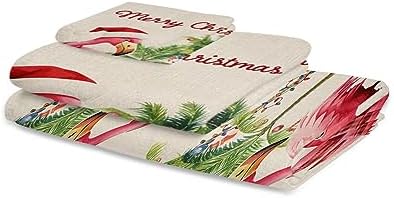 Christmas Bath Towel Set of 3 - Flamingo Coconut Tree Linen Texture
