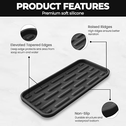 DENDEN Home Silicone Bathroom Vanity Tray - 9x4 Black