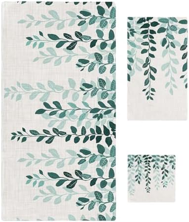 Smile Sunflower 3 Pc Bath Towel Set - Plant Leaves Green Gradient Linen Texture