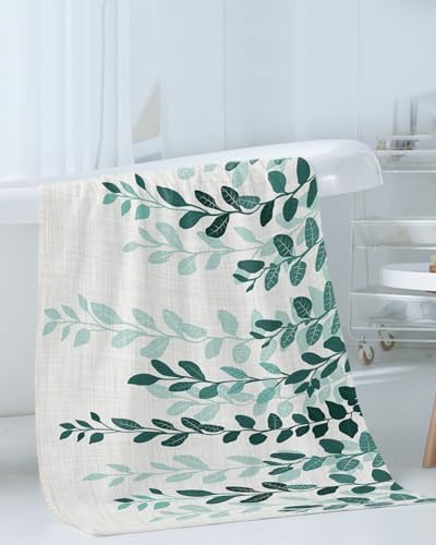 Smile Sunflower 3 Pc Bath Towel Set - Plant Leaves Green Gradient Linen Texture