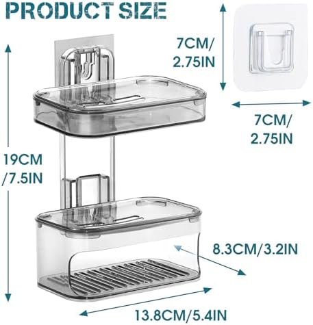 Double Layer Soap Dish Wall Mounted Transparent Gray Holder with Drainage