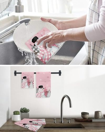 Falaniique Snowman Waffle Towel Set of 4 Blush Pink Tree Plaid Dot