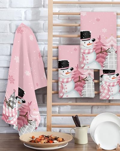 Falaniique Snowman Waffle Towel Set of 4 Blush Pink Tree Plaid Dot