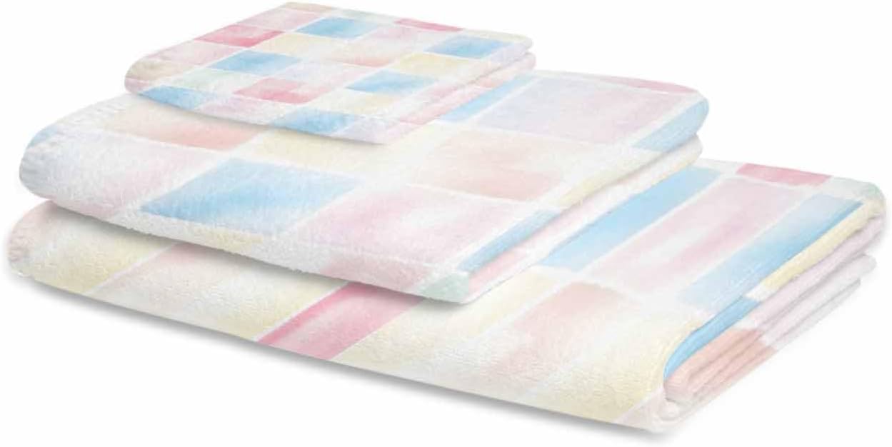 Shine-Home Abstract Plaid Towel Set - Modern Blue Pink Ombre 1