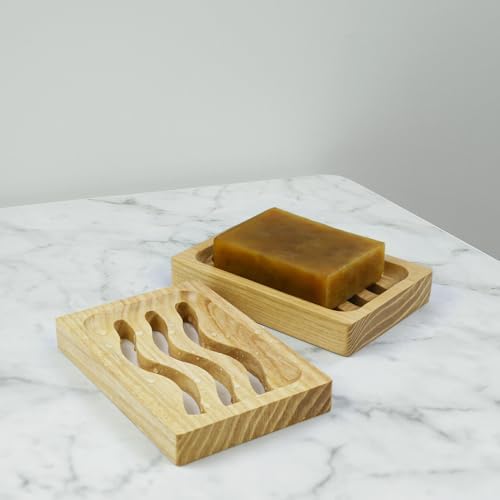 ENKEZI 2 Pack Wood Soap Dish - Waterproof Self Draining