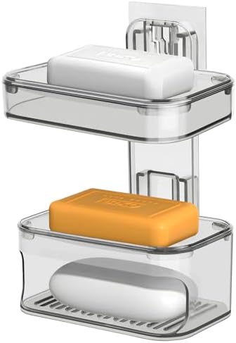 Double Layer Soap Dish Wall Mounted Transparent Gray Holder with Drainage