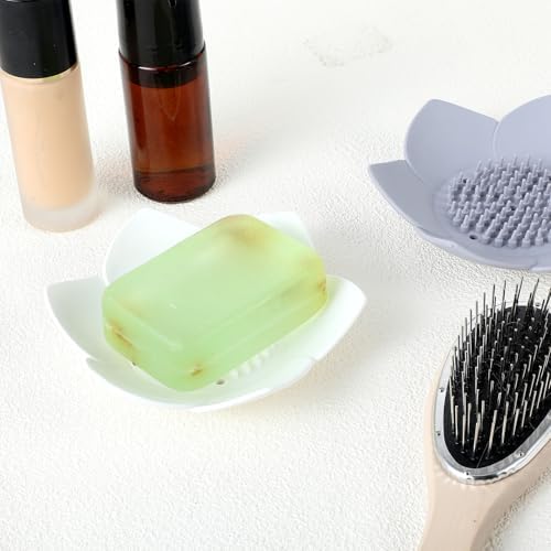 2Pcs Lotus Shaped Silicone Soap Dish with Drain and Anti-Slip