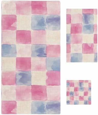 Shine-Home Pink Blue Plaid Towel Set 3pcs