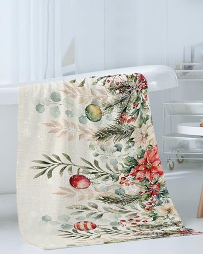 Christmas Bath Towels Set of 3 - Poinsettia Holly Eucalyptus Decor