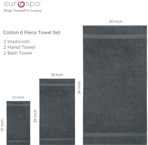 EuroSpa 100 Cotton 6 Piece Towel Set - Light Grey
