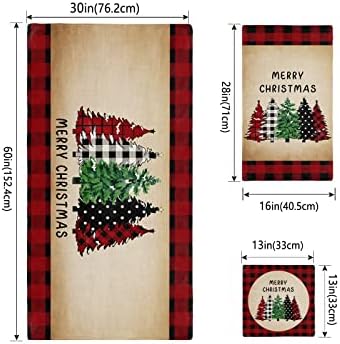 Christmas Bath Towels Set of 3 - Plaid Xmas Tree Red Buffalo Linen
