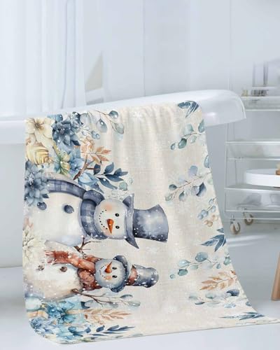 Christmas Bath towels Set of 3 - Blue Snowman Holly Eucalyptus Linen