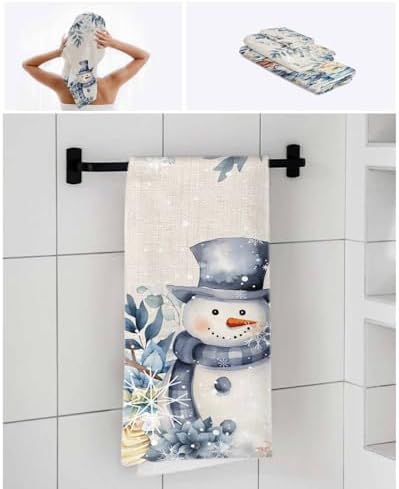 Christmas Bath towels Set of 3 - Blue Snowman Holly Eucalyptus Linen
