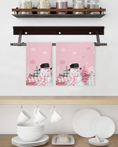 Falaniique Snowman Waffle Towel Set of 4 Blush Pink Tree Plaid Dot
