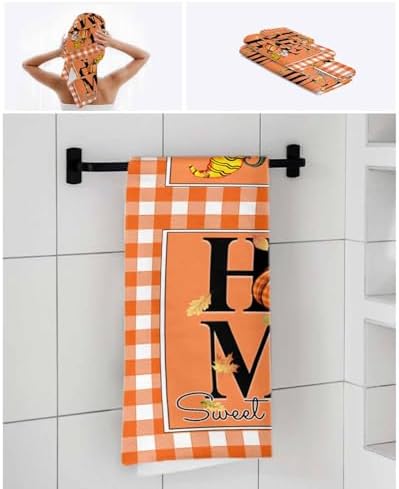 Double Love Orange Thanksgiving Towel Set - Plaid Design 3 Piece Microfiber Bath Towels