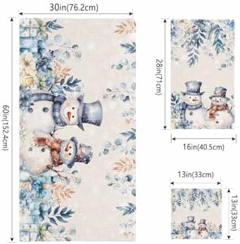 Christmas Bath towels Set of 3 - Blue Snowman Holly Eucalyptus Linen