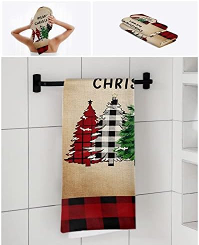 Christmas Bath Towels Set of 3 - Plaid Xmas Tree Red Buffalo Linen