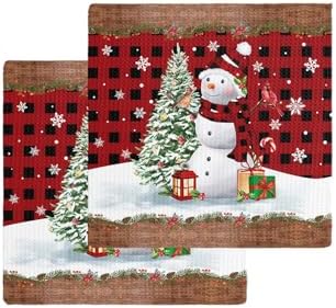 Falaniique Red Plaid Snowman Waffle Dish Towel Set of 2 1