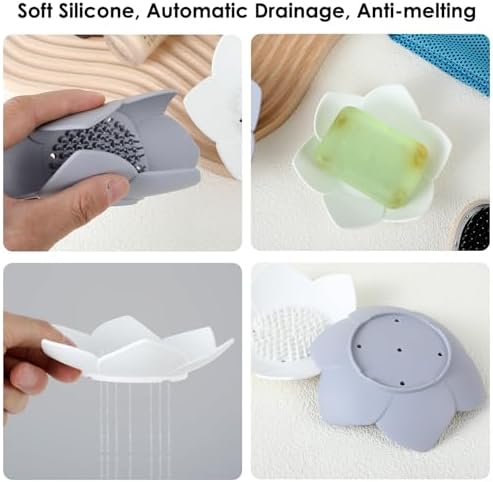 2Pcs Lotus Shaped Silicone Soap Dish with Drain and Anti-Slip