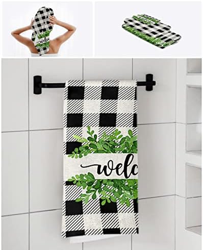 Chees D Zone Bath Towel Set with Green Leaves and Black Plaid Design