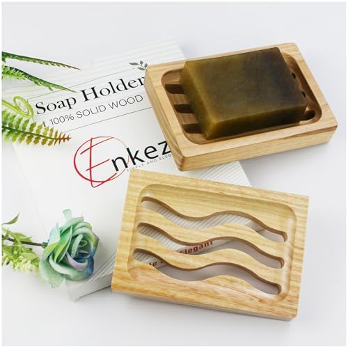 ENKEZI 2 Pack Wood Soap Dish - Waterproof Self Draining