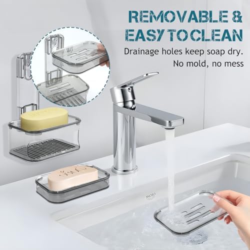 Double Layer Soap Dish Wall Mounted Transparent Gray Holder with Drainage