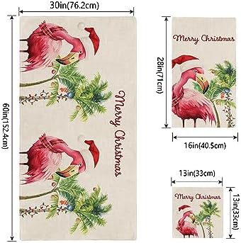 Christmas Bath Towel Set of 3 - Flamingo Coconut Tree Linen Texture