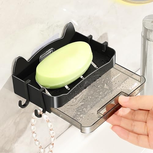 Whimsical Cat Soap Dish with 4 Hooks - Wall Mount Holder