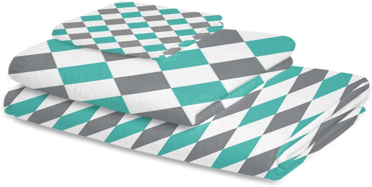 Summer Teal Green Grey Diamond Lattice Abstract Towel Set for Bathroom