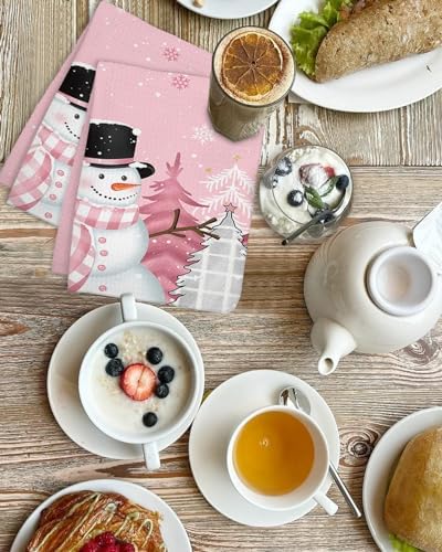 Falaniique Snowman Waffle Towel Set of 4 Blush Pink Tree Plaid Dot