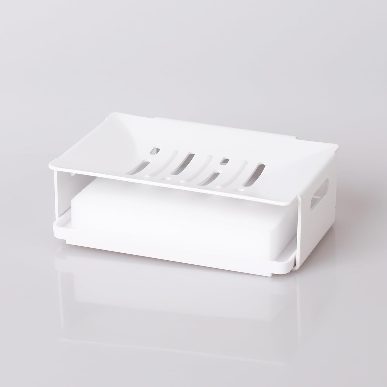 White Bathroom Soap Dish with Drain Spout and Sponge Holder