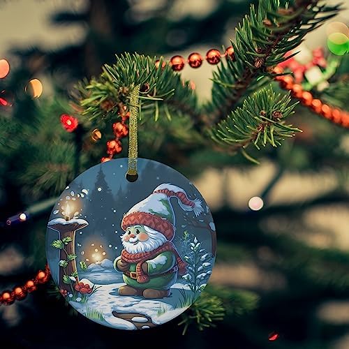 Christmas Santa Gnome Ceramic Ornament with Gold Ribbon