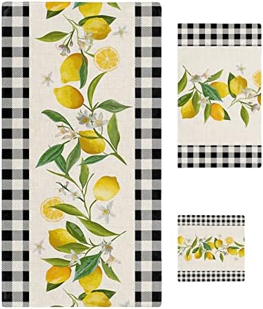 Smile Sunflower 3 Pcs Bath Towel Set - Soft Black Plaid Lemon Linen