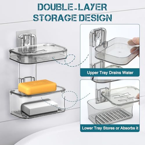 Double Layer Soap Dish Wall Mounted Transparent Gray Holder with Drainage