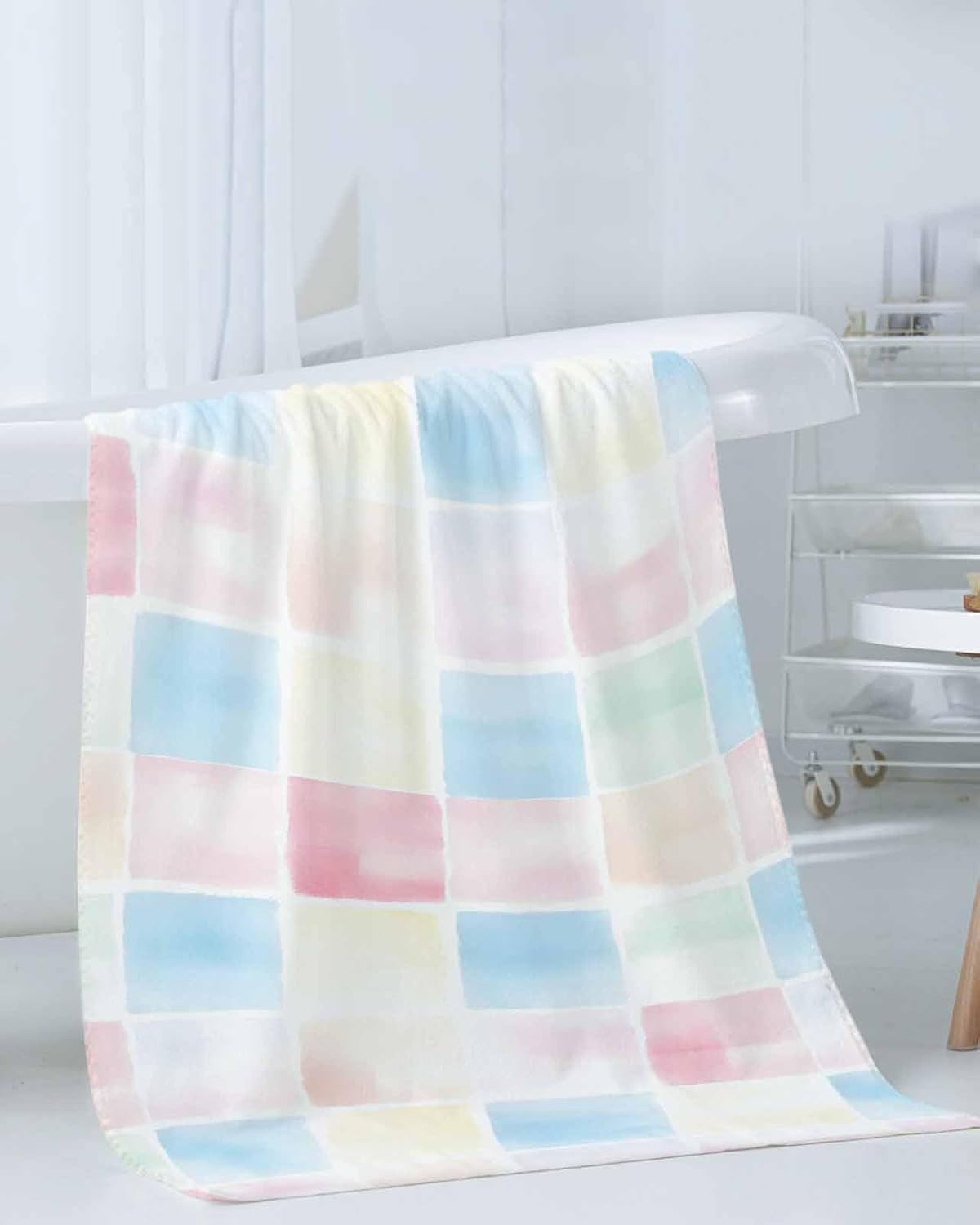 Shine-Home Abstract Plaid Towel Set - Modern Blue Pink Ombre 1