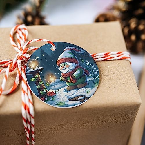 Christmas Santa Gnome Ceramic Ornament with Gold Ribbon