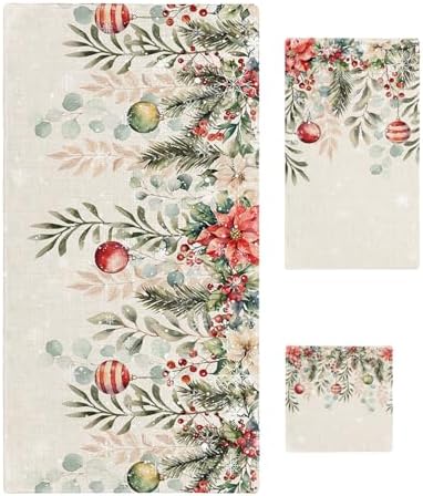 Christmas Bath Towels Set of 3 - Poinsettia Holly Eucalyptus Decor