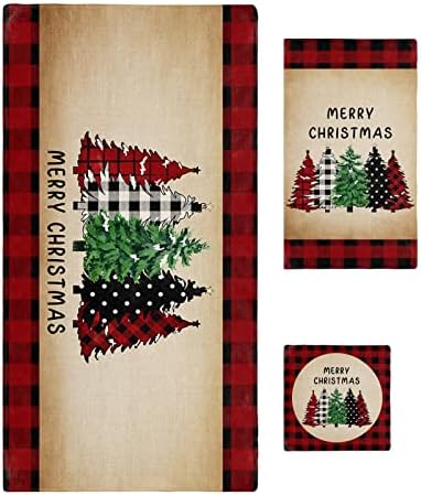 Christmas Bath Towels Set of 3 - Plaid Xmas Tree Red Buffalo Linen