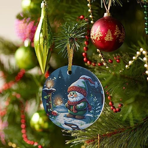 Christmas Santa Gnome Ceramic Ornament with Gold Ribbon