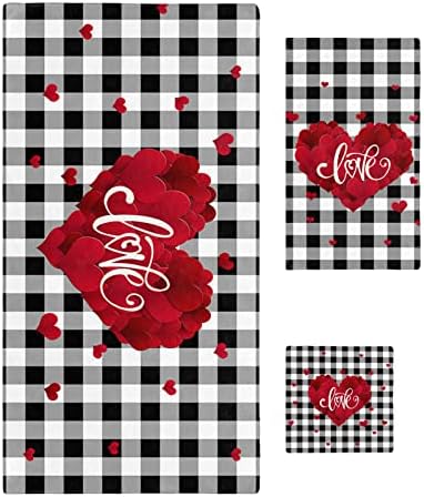 Shine-Home Valentine Towel Set - Red Black Plaid Microfiber Bath Towels and Washcloths
