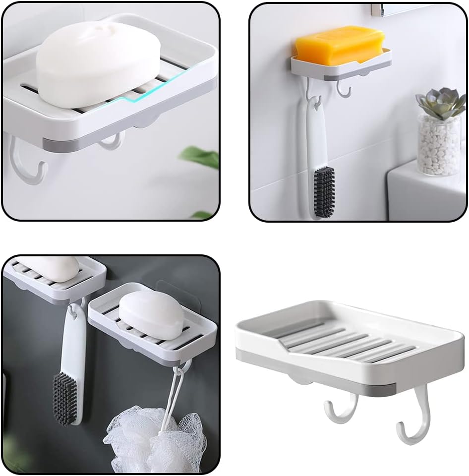 Wall Mounted Soap Dish with Detachable Hooks and Strong Adhesive