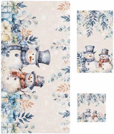 Christmas Bath towels Set of 3 - Blue Snowman Holly Eucalyptus Linen