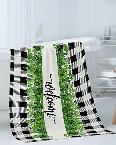 Chees D Zone Bath Towel Set with Green Leaves and Black Plaid Design