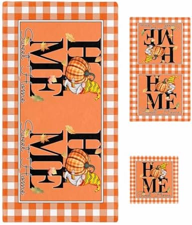 Double Love Orange Thanksgiving Towel Set - Plaid Design 3 Piece Microfiber Bath Towels